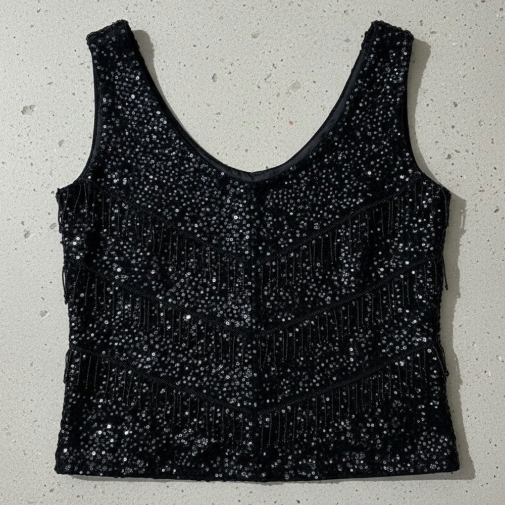 Vintage Hand Full Fashioned Beaded Sequin Wool Scoop Neck Top Black size Medium